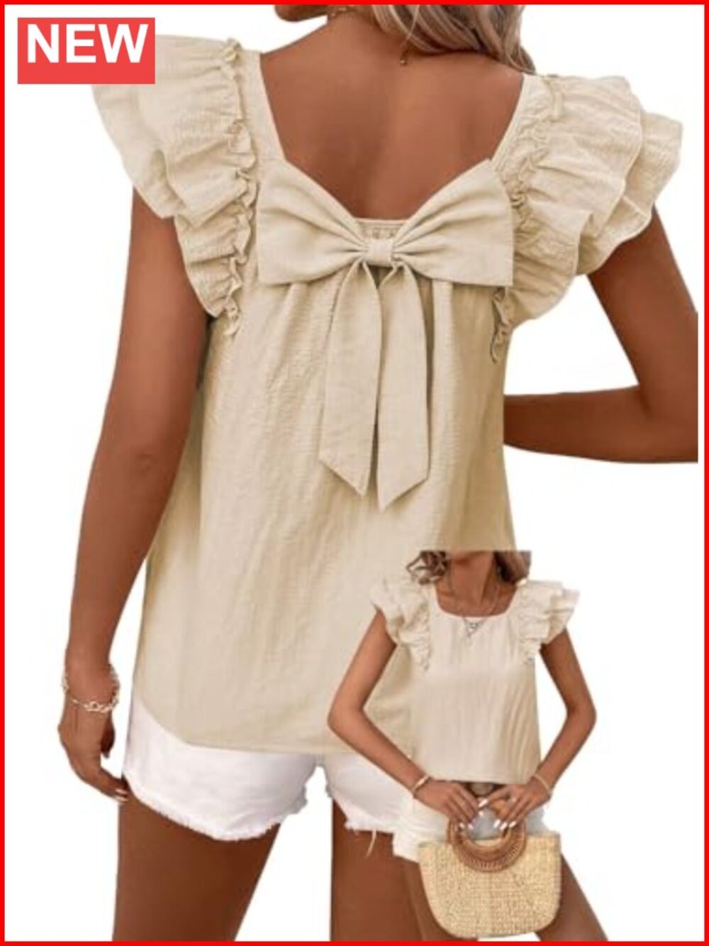 Womens Babydoll Top Bow Tie Back Ruffle Short Sleeve Vneck Blouse